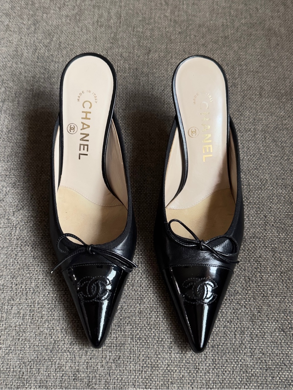 Vintage Chanel black logo heels